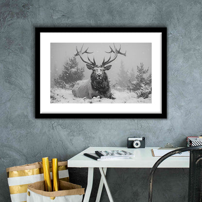 Black And White Elk With Antlers Lying in Forest, Framed  Print, Painting Art, Framed Art Print White Border Wall Decor