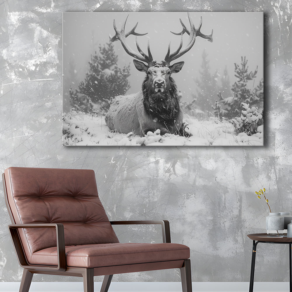 Black And White Elk With Antlers Lying in Forest, Canvas Art Decor Print, Painting Art, Canvas Print Wall Art Home Decor
