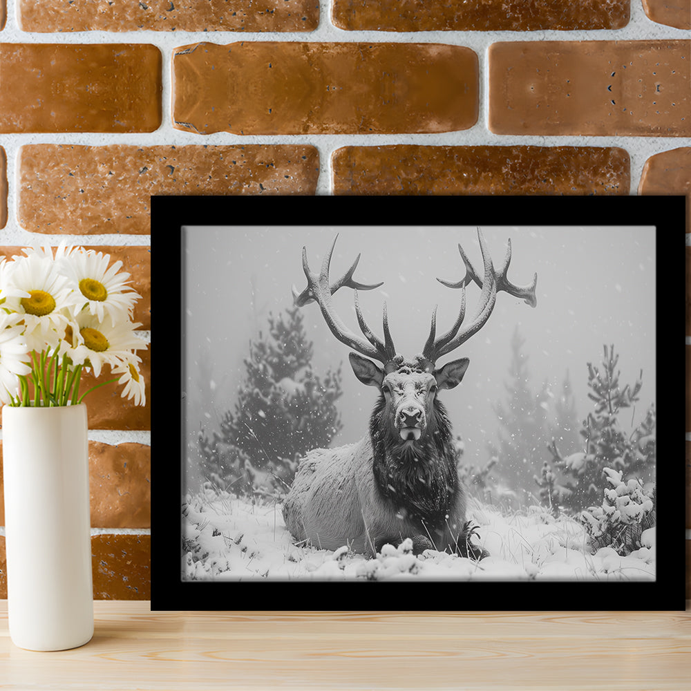 Black And White Elk With Antlers Lying in Forest, Framed  Print, Painting Art, Framed Art Print Wall Decor, Framed Picture