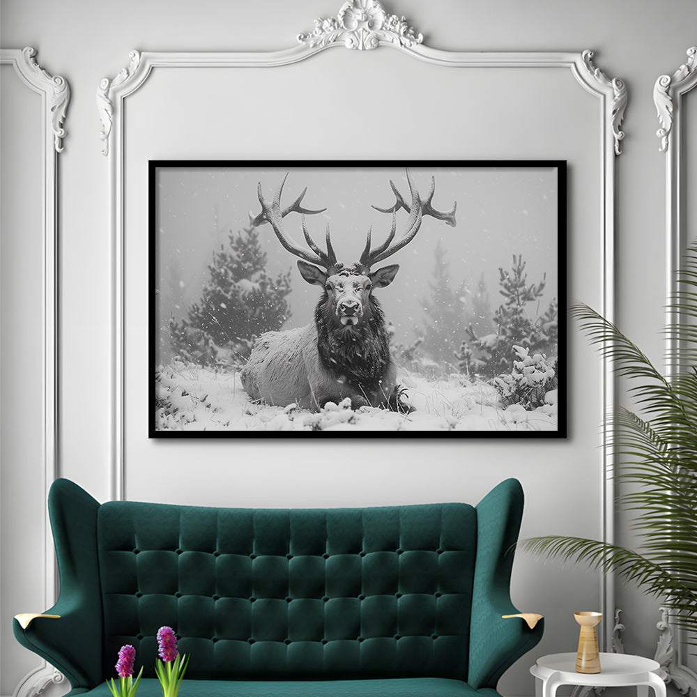 Black And White Elk With Antlers Lying in Forest, Framed  Print, Painting Art, Framed Art Print Wall Decor, Framed Picture