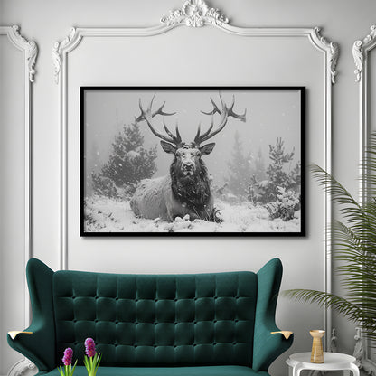 Black And White Elk With Antlers Lying in Forest, Framed  Print, Painting Art, Framed Art Print Wall Decor, Framed Picture