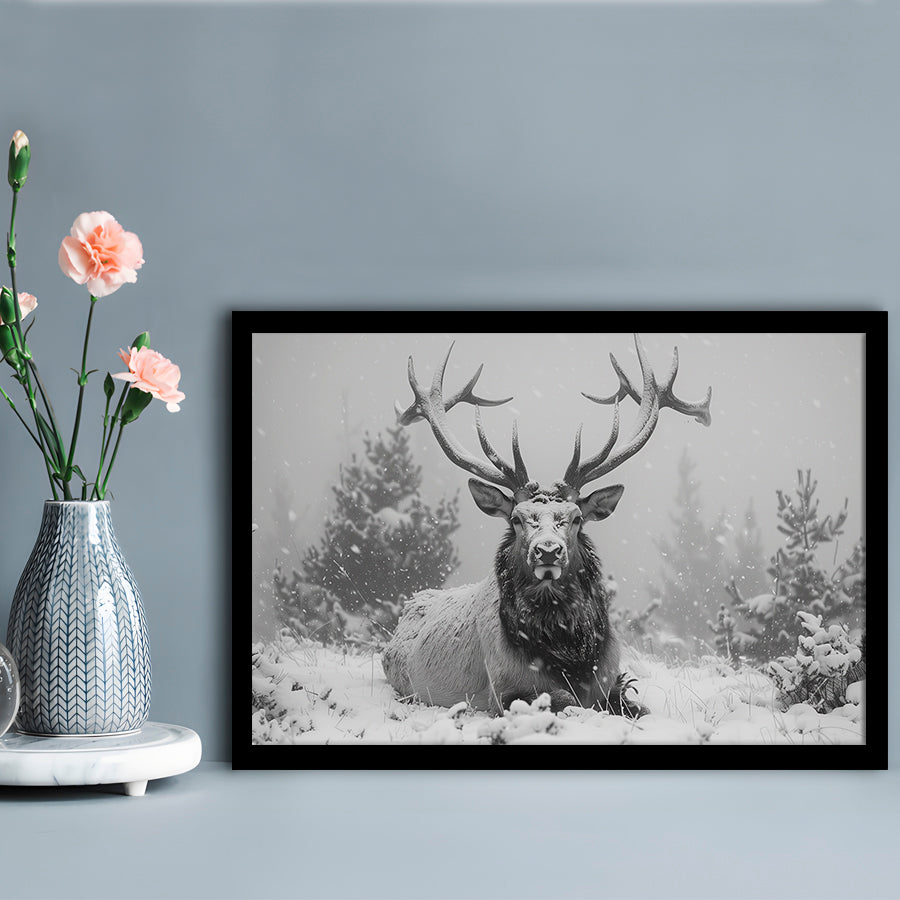Black And White Elk With Antlers Lying in Forest, Framed  Print, Painting Art, Framed Art Print Wall Decor, Framed Picture