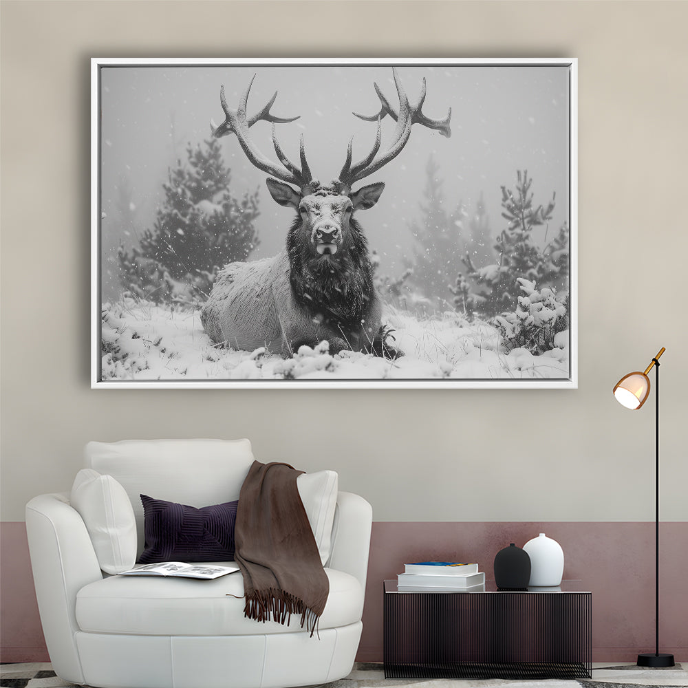 Black And White Elk With Antlers Lying in Forest, Framed Canvas Print, Painting Art, Floating Framed Canvas Wall Art