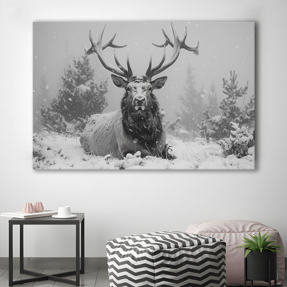 Black And White Elk With Antlers Lying in Forest, Canvas Art Decor Print, Painting Art, Canvas Print Wall Art Home Decor