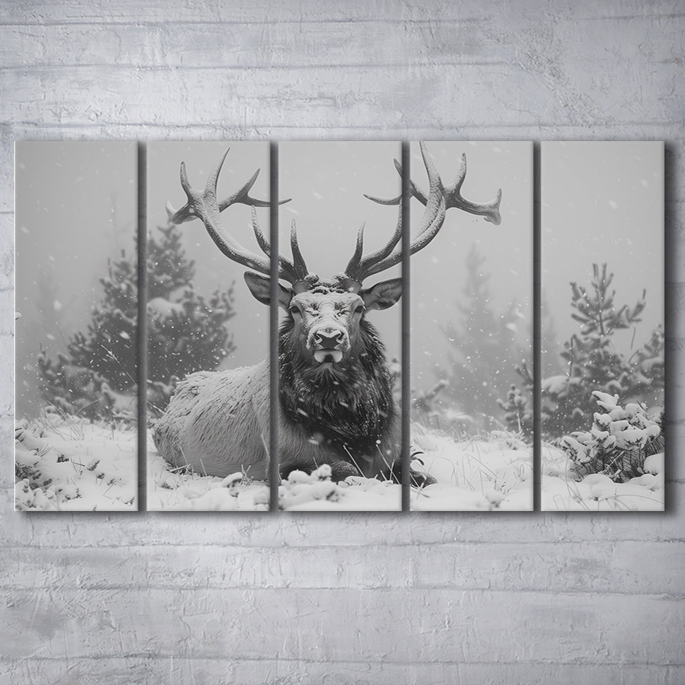 Black And White Elk With Antlers Lying in Forest, Canvas Art Print, Painting Art, Multi Panels Canvas Print Wall Art