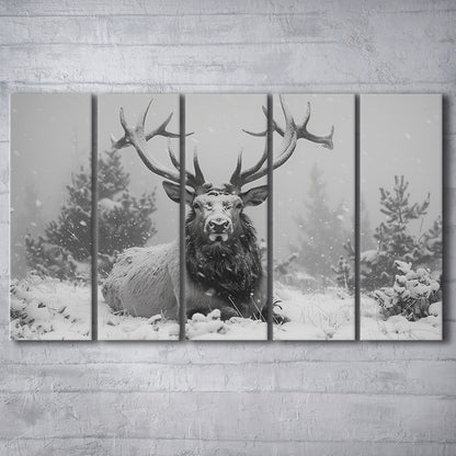 Black And White Elk With Antlers Lying in Forest, Canvas Art Print, Painting Art, Multi Panels Canvas Print Wall Art