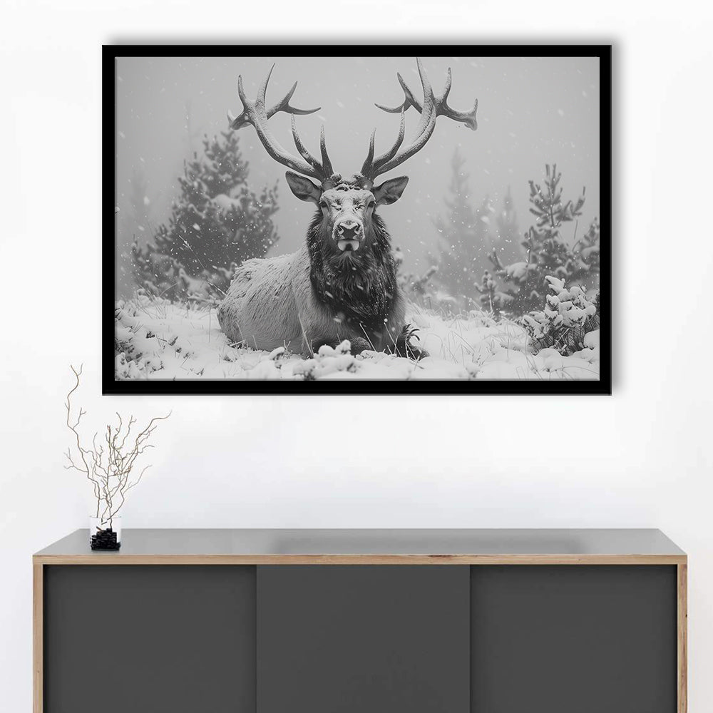 Black And White Elk With Antlers Lying in Forest, Framed  Print, Painting Art, Framed Art Print Wall Decor, Framed Picture