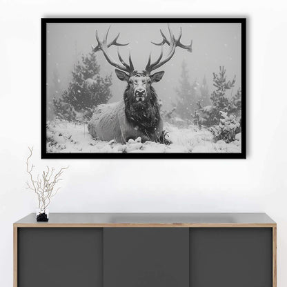 Black And White Elk With Antlers Lying in Forest, Framed  Print, Painting Art, Framed Art Print Wall Decor, Framed Picture