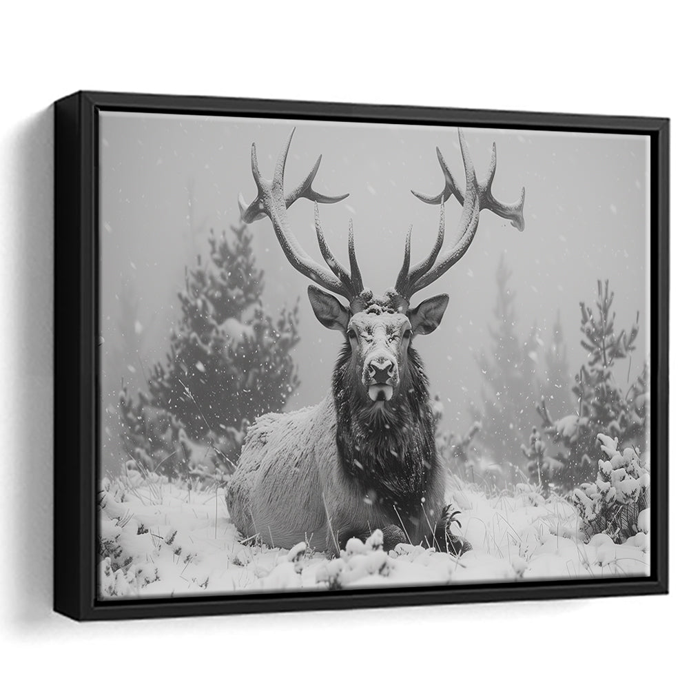 Black And White Elk With Antlers Lying in Forest, Framed Canvas Print, Painting Art, Floating Framed Canvas Wall Art