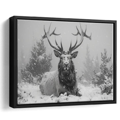 Black And White Elk With Antlers Lying in Forest, Framed Canvas Print, Painting Art, Floating Framed Canvas Wall Art