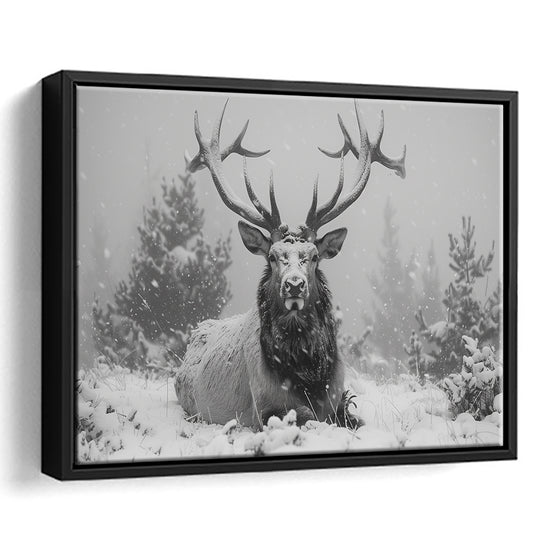 Black And White Elk With Antlers Lying in Forest, Framed Canvas Print, Painting Art, Floating Framed Canvas Wall Art