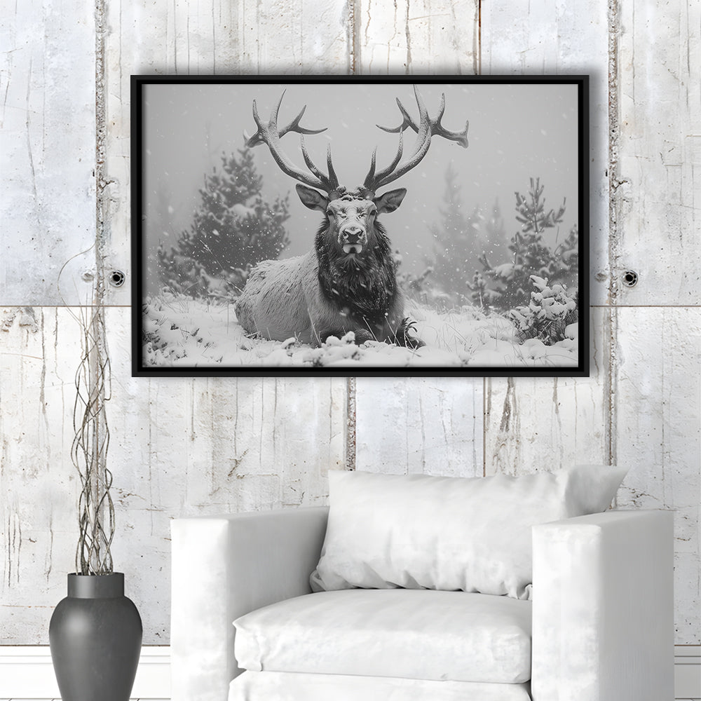 Black And White Elk With Antlers Lying in Forest, Framed Canvas Print, Painting Art, Floating Framed Canvas Wall Art