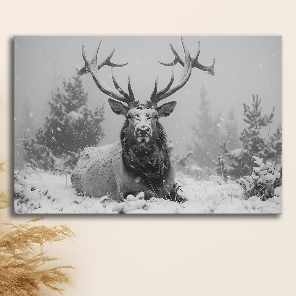 Black And White Elk With Antlers Lying in Forest, Canvas Art Decor Print, Painting Art, Canvas Print Wall Art Home Decor