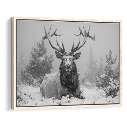 Black And White Elk With Antlers Lying in Forest, Framed Canvas Print, Painting Art, Floating Framed Canvas Wall Art