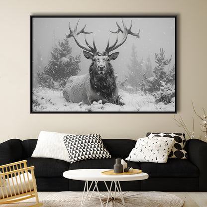 Black And White Elk With Antlers Lying in Forest, Framed Canvas Print, Painting Art, Floating Framed Canvas Wall Art