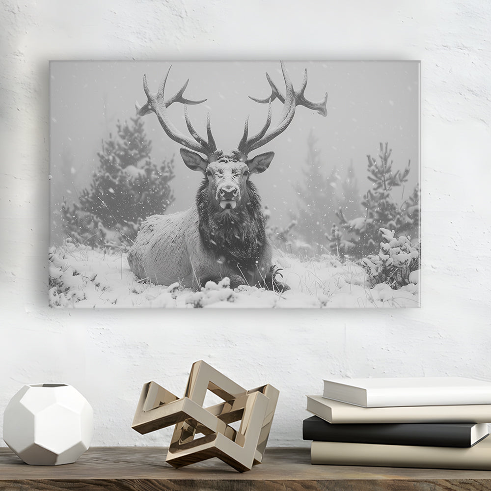 Black And White Elk With Antlers Lying in Forest, Canvas Art Decor Print, Painting Art, Canvas Print Wall Art Home Decor