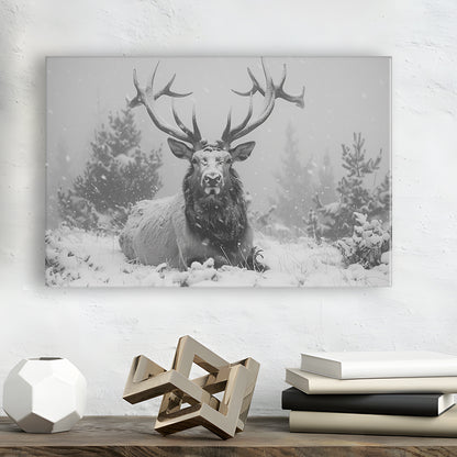 Black And White Elk With Antlers Lying in Forest, Canvas Art Decor Print, Painting Art, Canvas Print Wall Art Home Decor