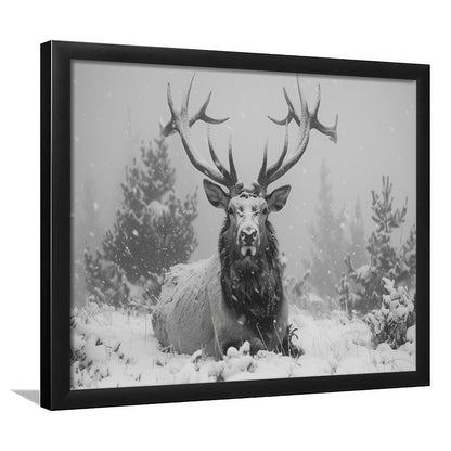 Black And White Elk With Antlers Lying in Forest, Framed  Print, Painting Art, Framed Art Print Wall Decor, Framed Picture