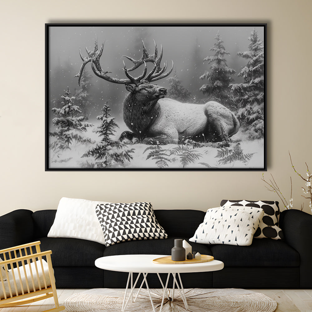 Black And White Elk With Antlers, Framed Canvas Print, Painting Art, Floating Framed Canvas Print Wall Art