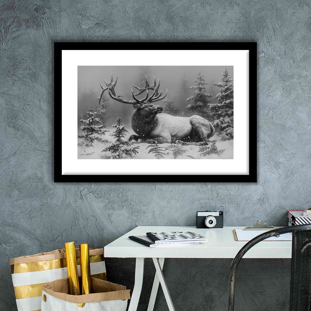 Black And White Elk With Antlers, Framed  Print, Painting Art, Framed Art Print White Border Wall Decor