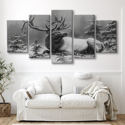 Black And White Elk With Antlers, Canvas Art Decor Print, Painting Art, Mixed Panels Canvas Print Wall Art