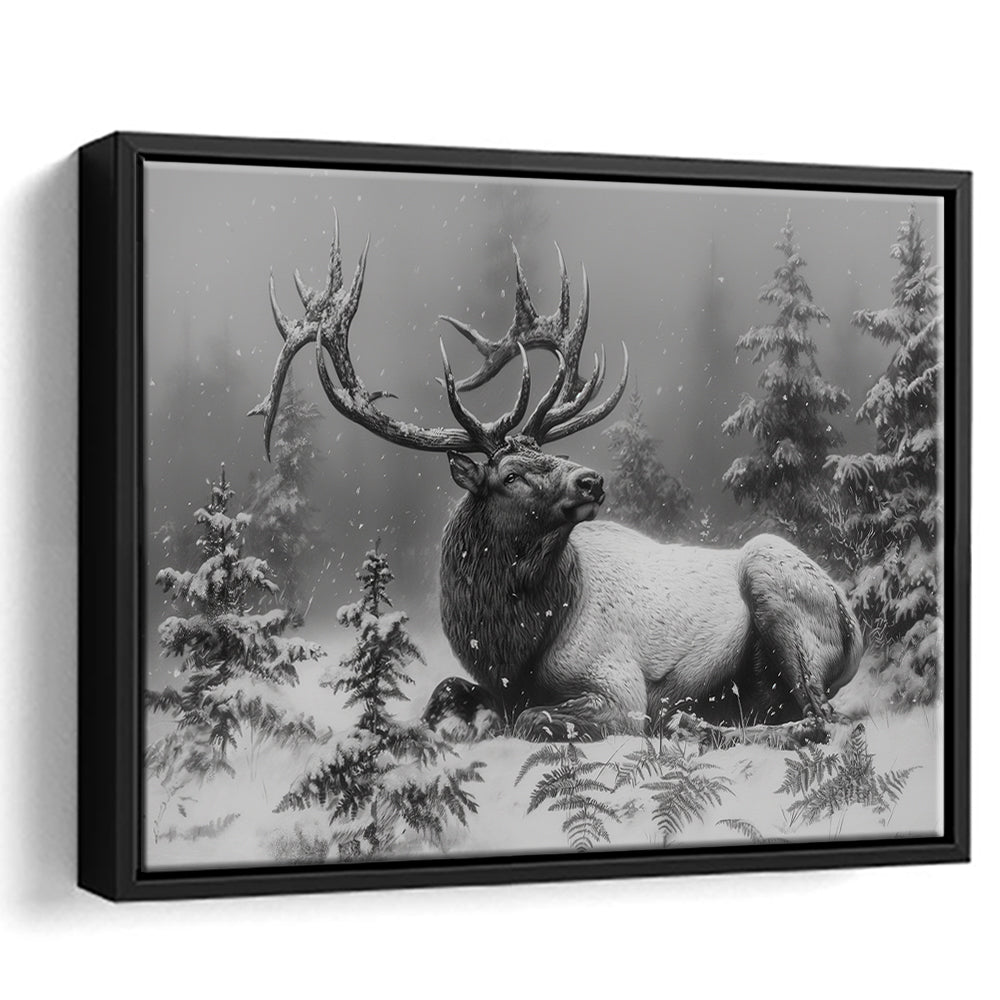 Black And White Elk With Antlers, Framed Canvas Print, Painting Art, Floating Framed Canvas Print Wall Art