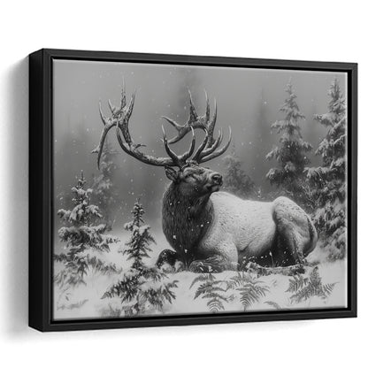 Black And White Elk With Antlers, Framed Canvas Print, Painting Art, Floating Framed Canvas Print Wall Art