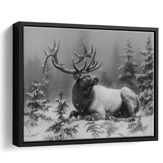 Black And White Elk With Antlers, Framed Canvas Print, Painting Art, Floating Framed Canvas Print Wall Art