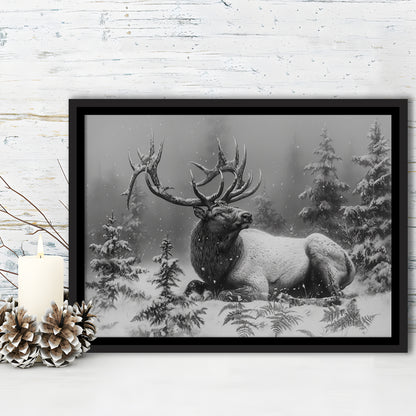 Black And White Elk With Antlers, Framed Canvas Print, Painting Art, Floating Framed Canvas Print Wall Art