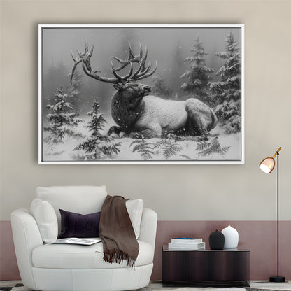 Black And White Elk With Antlers, Framed Canvas Print, Painting Art, Floating Framed Canvas Print Wall Art