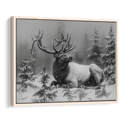 Black And White Elk With Antlers, Framed Canvas Print, Painting Art, Floating Framed Canvas Print Wall Art