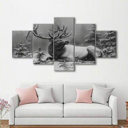 Black And White Elk With Antlers, Canvas Art Decor Print, Painting Art, Mixed Panels Canvas Print Wall Art