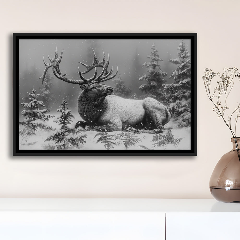 Black And White Elk With Antlers, Framed Canvas Print, Painting Art, Floating Framed Canvas Print Wall Art