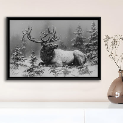 Black And White Elk With Antlers, Framed Canvas Print, Painting Art, Floating Framed Canvas Print Wall Art