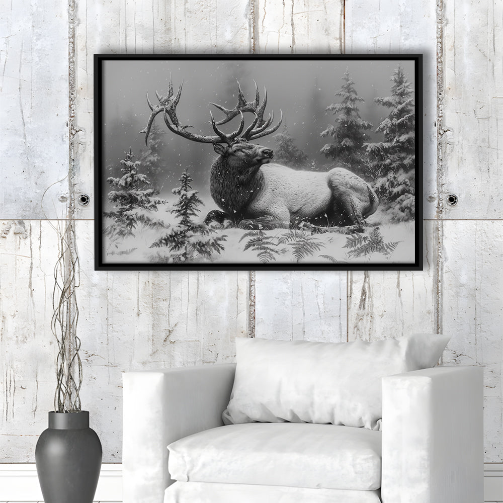Black And White Elk With Antlers, Framed Canvas Print, Painting Art, Floating Framed Canvas Print Wall Art