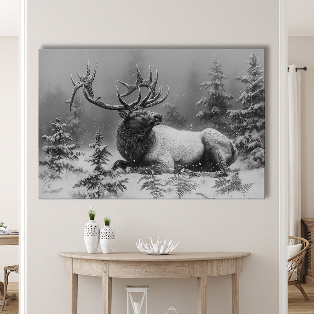 Black And White Elk With Antlers, Canvas Art Decor Print, Painting Art, Canvas Print Wall Art Home Decor