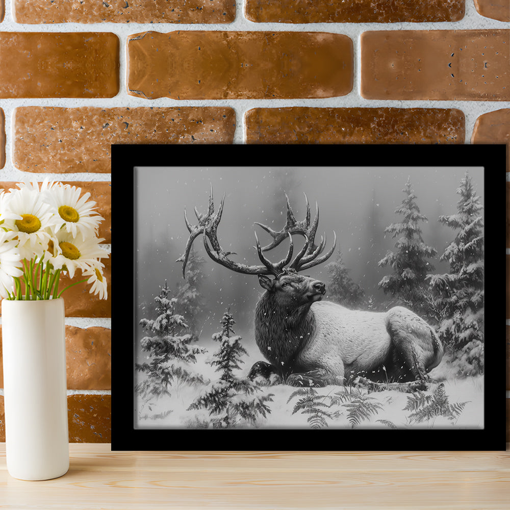 Black And White Elk With Antlers, Framed  Print, Painting Art, Framed Art Print Wall Decor, Framed Picture