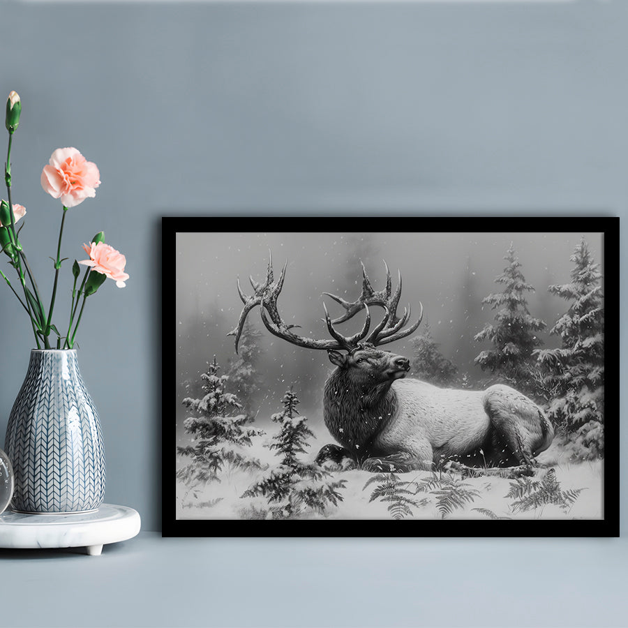 Black And White Elk With Antlers, Framed  Print, Painting Art, Framed Art Print Wall Decor, Framed Picture
