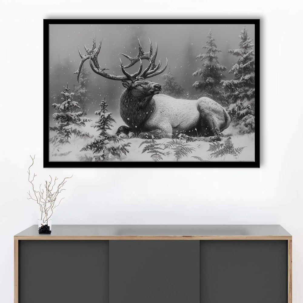 Black And White Elk With Antlers, Framed  Print, Painting Art, Framed Art Print Wall Decor, Framed Picture