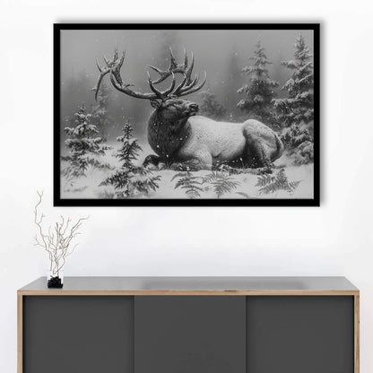 Black And White Elk With Antlers, Framed  Print, Painting Art, Framed Art Print Wall Decor, Framed Picture