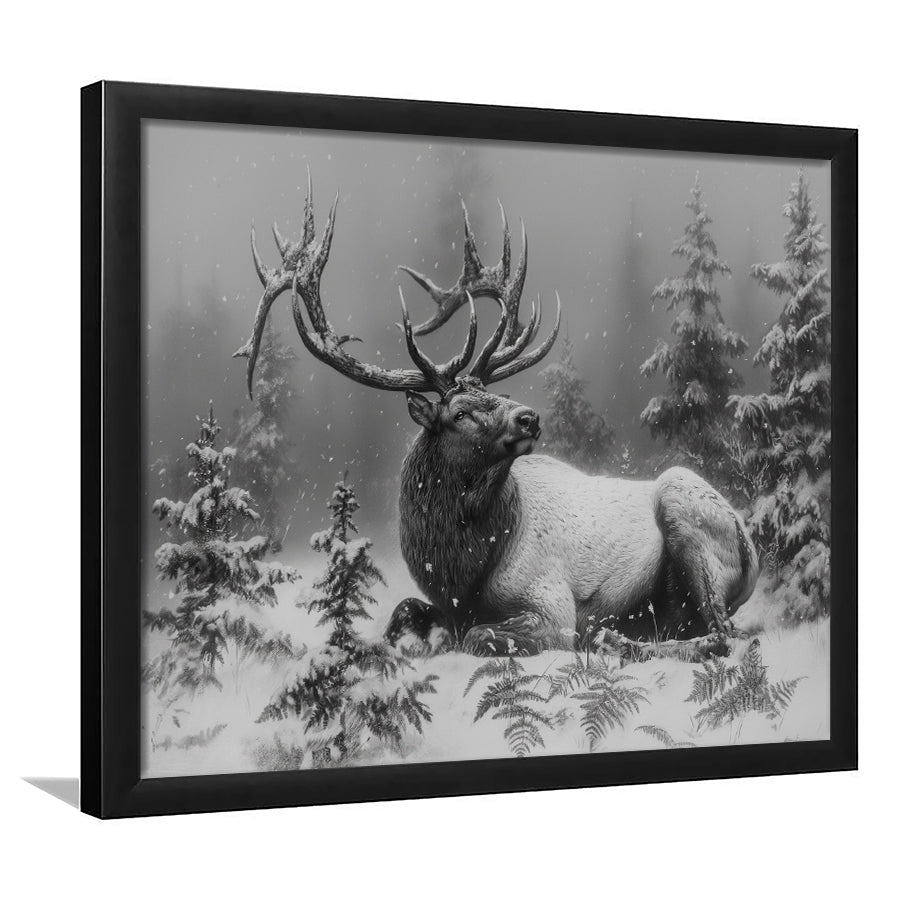 Black And White Elk With Antlers, Framed  Print, Painting Art, Framed Art Print Wall Decor, Framed Picture