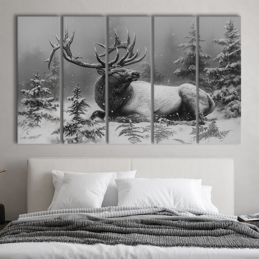 Black And White Elk With Antlers, Canvas Art Print, Painting Art, Multi Panels Canvas Print Wall Art