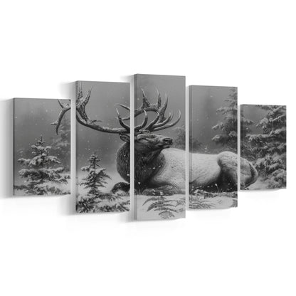 Black And White Elk With Antlers, Canvas Art Decor Print, Painting Art, Mixed Panels Canvas Print Wall Art