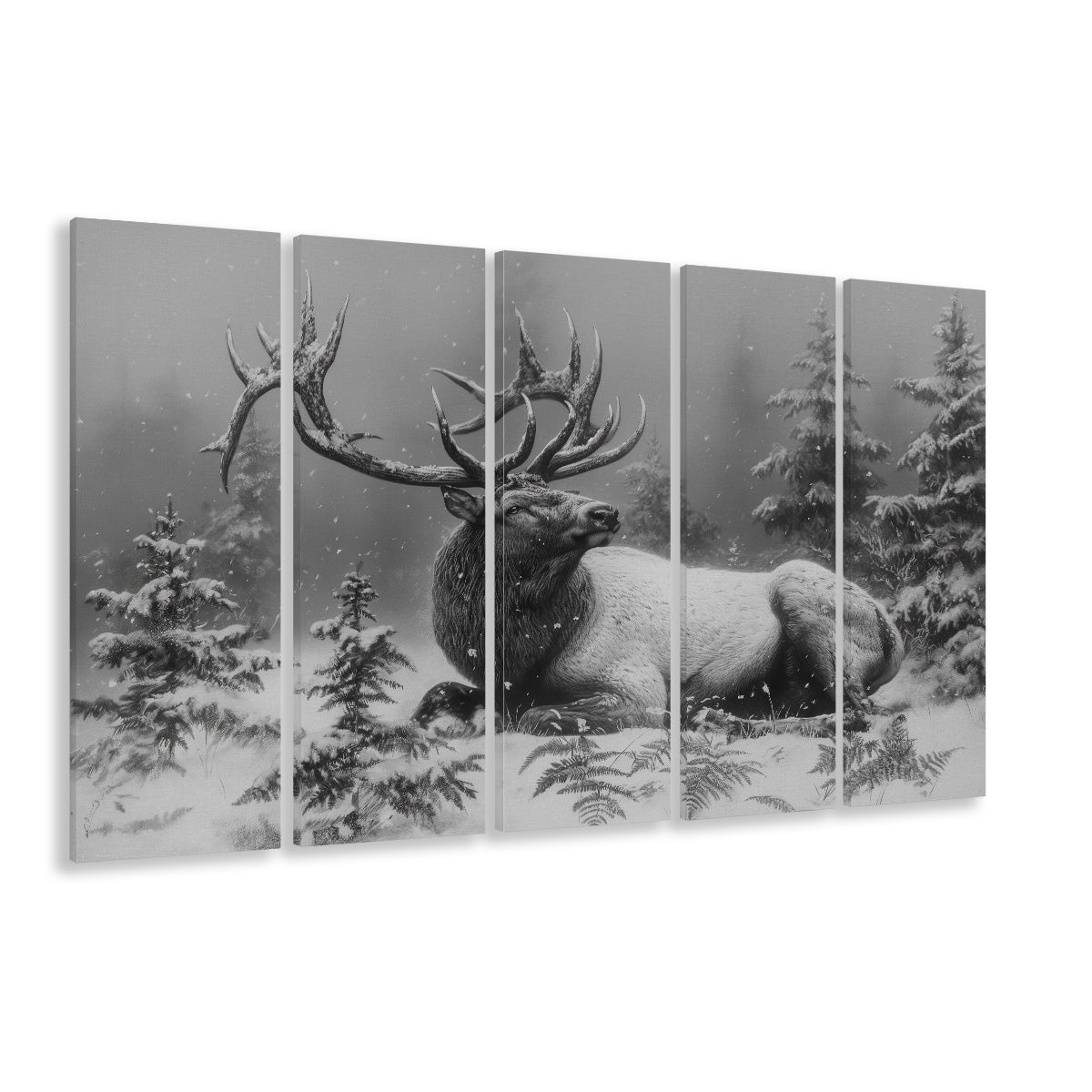 Black And White Elk With Antlers, Canvas Art Print, Painting Art, Multi Panels Canvas Print Wall Art