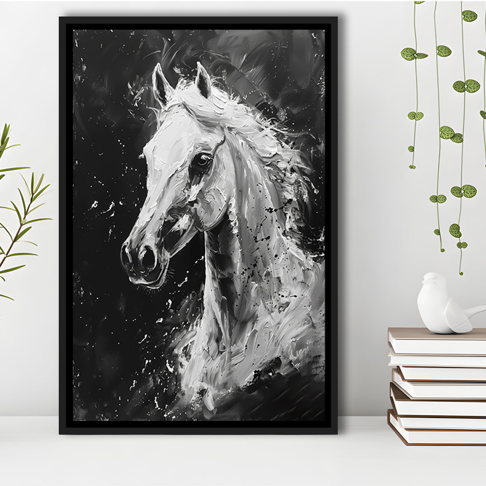 Black And White Horse Portrait Knife Painting, Floating Framed Canvas Art Print,, Framed Canvas Prints Wall Art