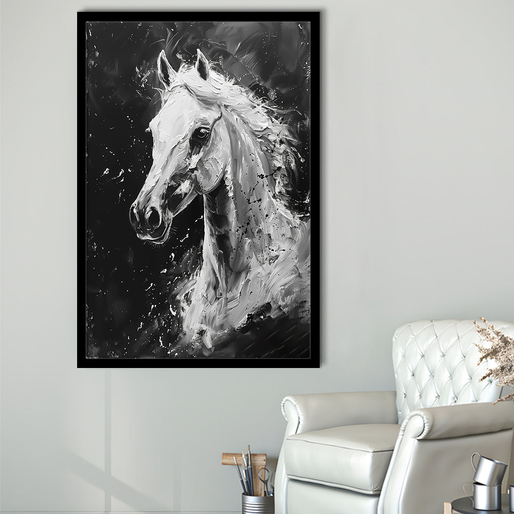 Black And White Horse Portrait Knife Painting, Framed Picture Print,, Framed Art Prints Wall Decor