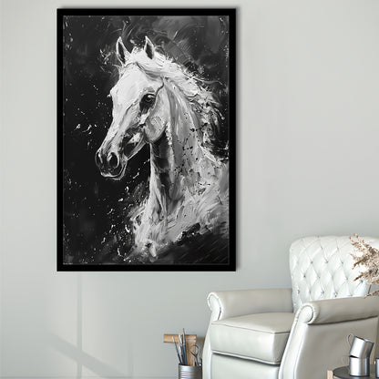 Black And White Horse Portrait Knife Painting, Framed Picture Print,, Framed Art Prints Wall Decor