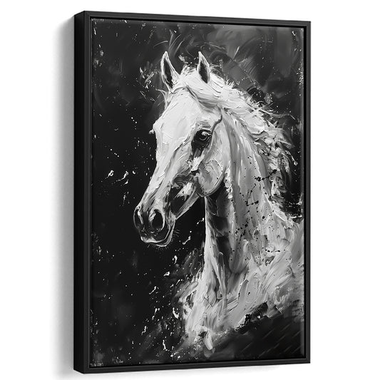 Black And White Horse Portrait Knife Painting, Floating Framed Canvas Art Print,, Framed Canvas Prints Wall Art