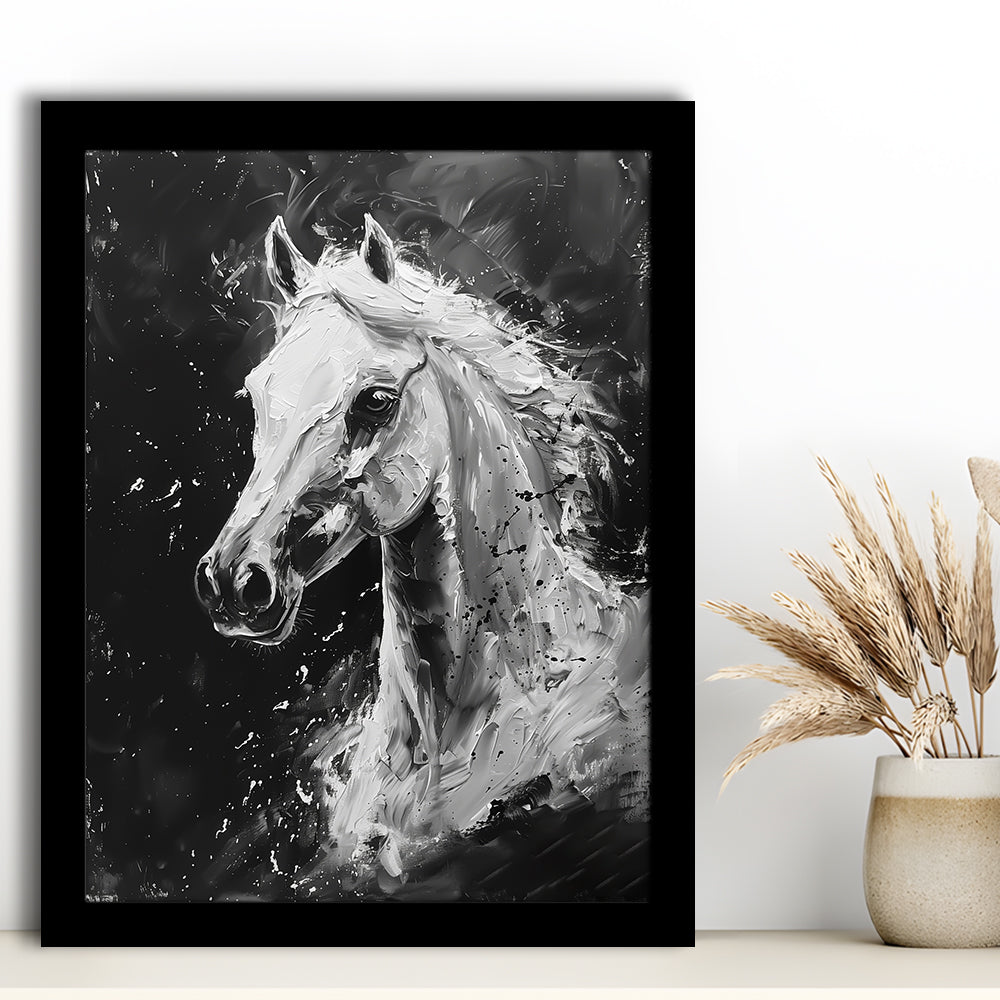 Black And White Horse Portrait Knife Painting, Framed Picture Print,, Framed Art Prints Wall Decor