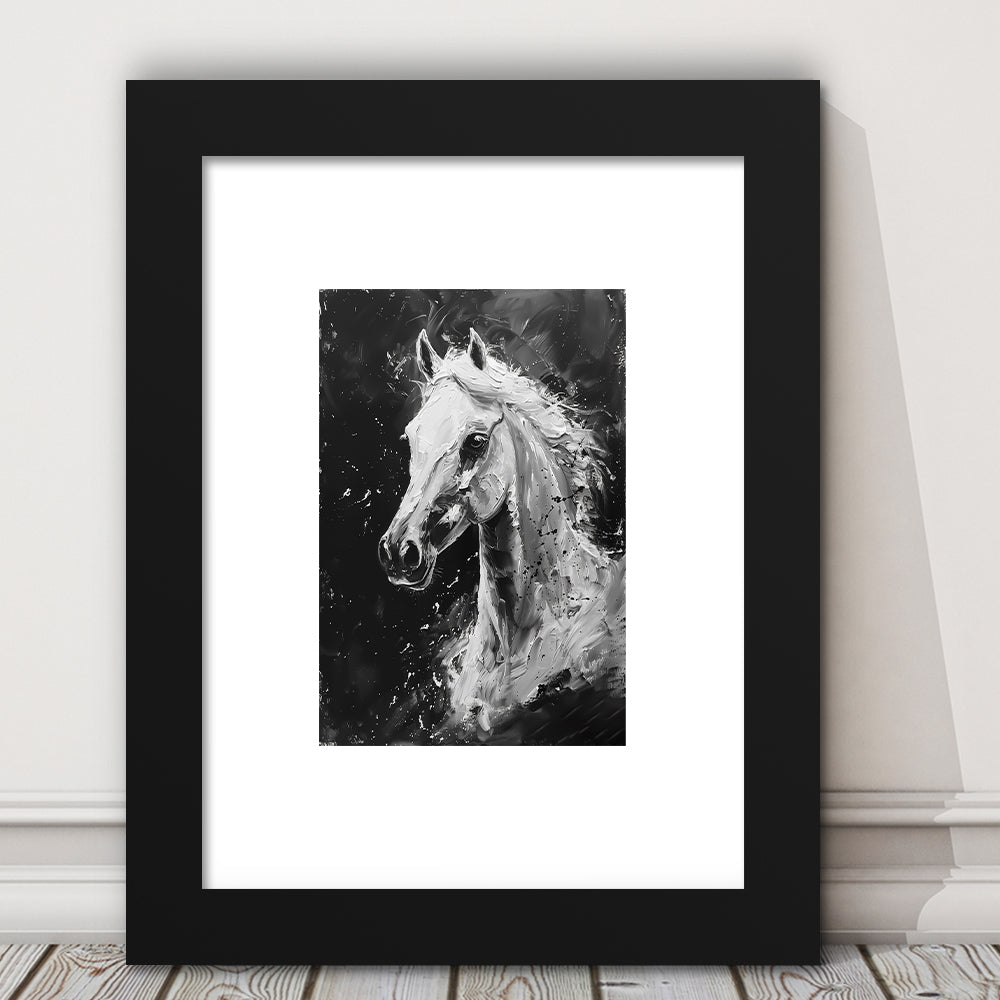 Black And White Horse Portrait Knife Painting, Framed Picture Print, Framed Art Prints White Border Wall Decor